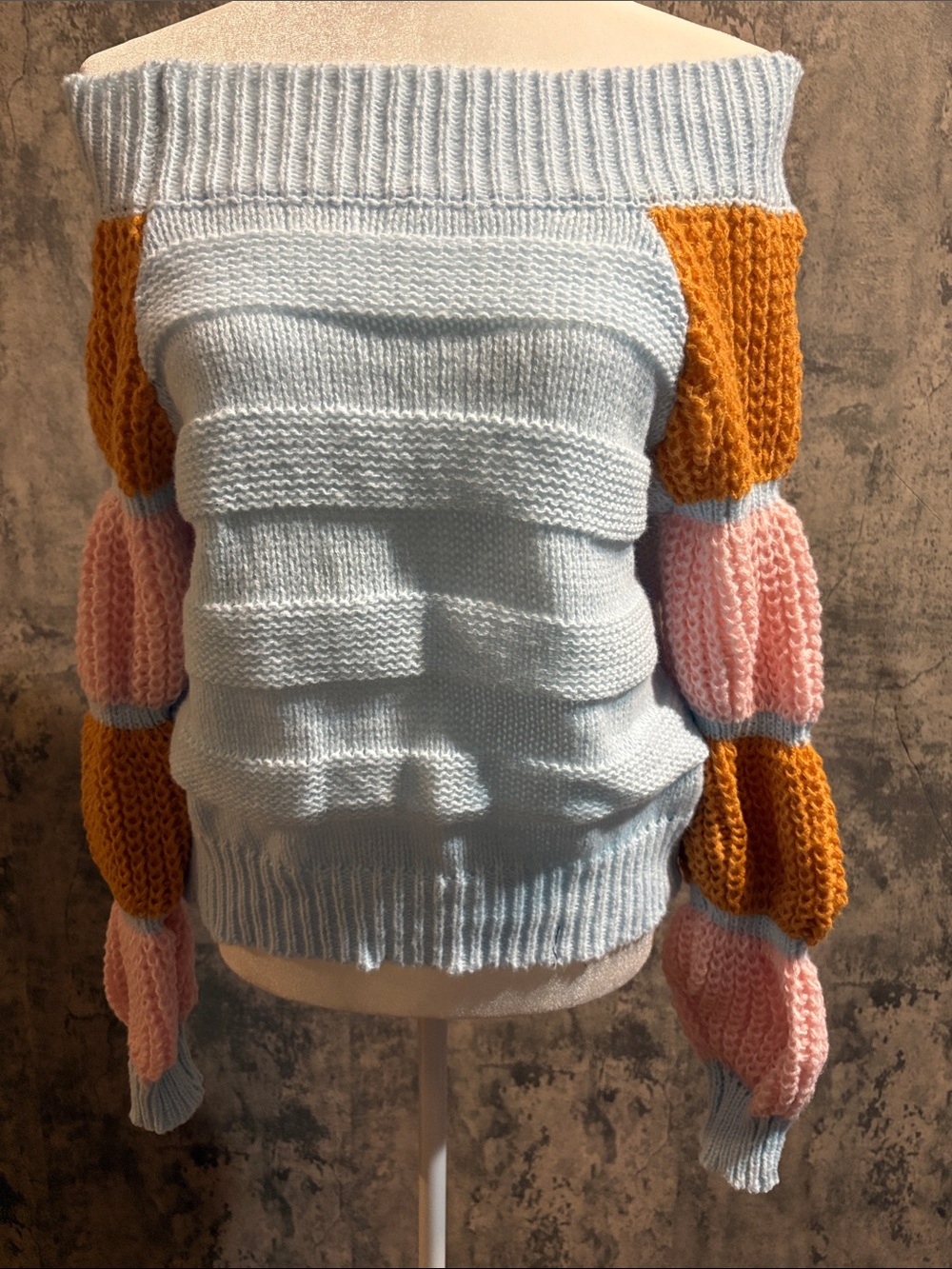 SHEIN Light Blue Off-Shoulder Sweater with Pink and Mustard Bubble Sleeves